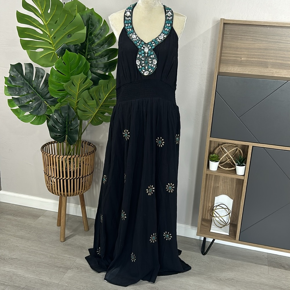 Boston Proper Embellished Halter Maxi Dress Turquoise Silver Beaded